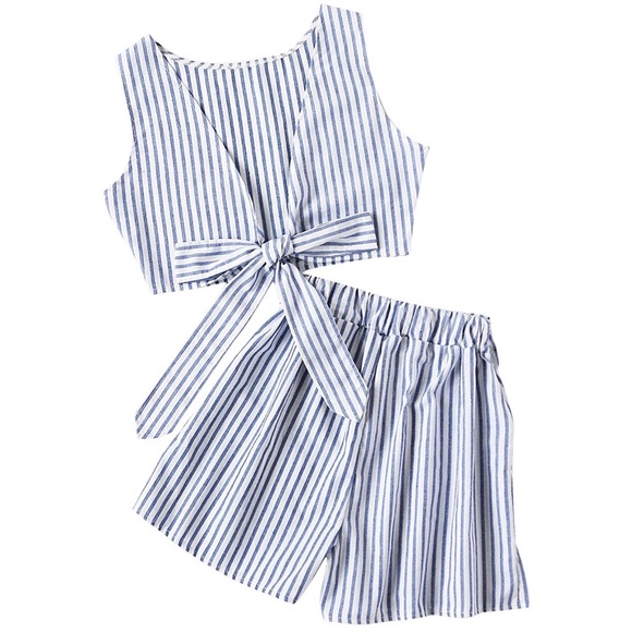 Tops - 2 Piece Striped Crop Top with Shorts